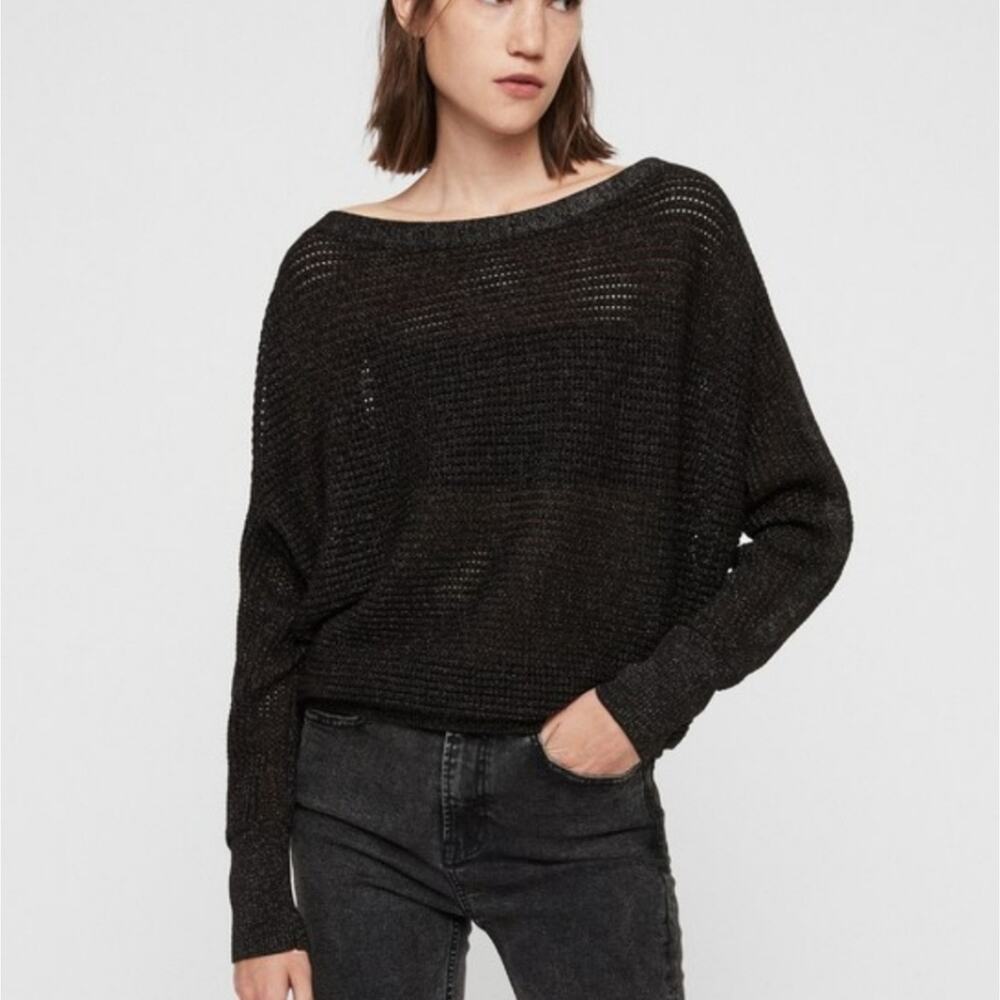 All Saints Women's Elle Metallic‎ Jumper Black Open Knit Batwing Top XS